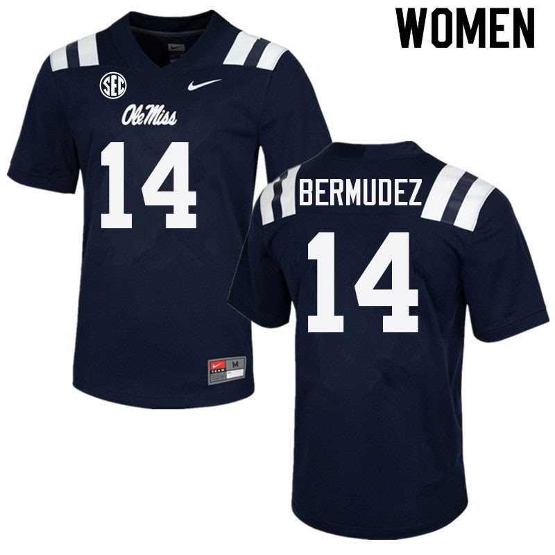 Women #14 Derek Bermudez Ole Miss Rebels College Football Jerseys Sale-Navy - Click Image to Close